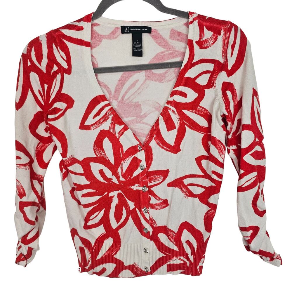 INC International Concepts Womens Floral Cardigan Sweater Size S Abstract Artsy